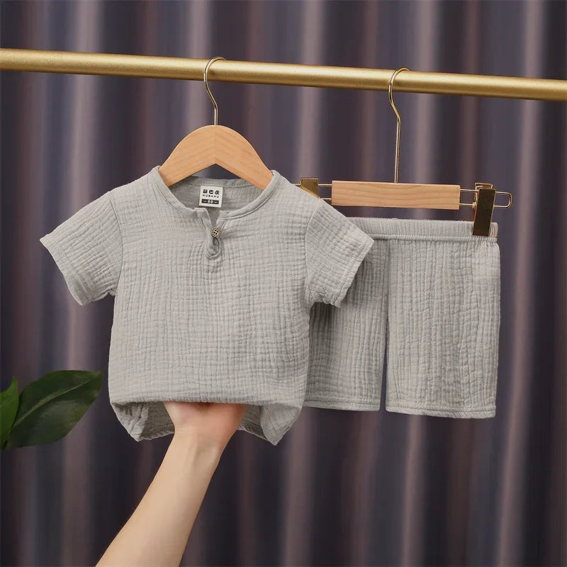 0-5Y Baby Summer Sets Solid Cotton Linen T-shirts+Elasctic Shorts Kids Clothes Casual Clothing Sets for Children Outfit Set Gray