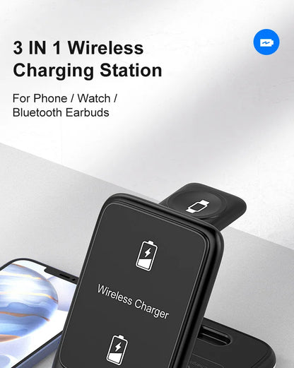 3 in 1 Wireless Charger Stand Foldable for iPhone 14 13 12 11 XS XR X 8 Apple Watch 8 7 6 Airpods Pro 15W Fast Charging Station