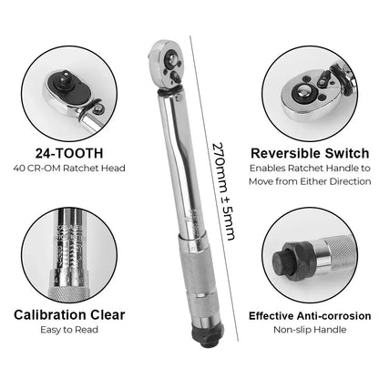 5-25N.m Micrometer Car Motorbike Disassembly Tool Professional Adjustable Torque Wrench 1/4'' Drive Spanner Hand Tool 3/8Adapter