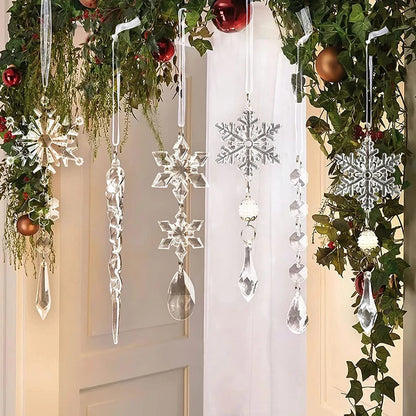 10Pcs Christmas Acrylic Snowflake Simulation Ice Pendants Xmas Tree Hanging Ornament 2024 New Year Christmas Decoration for Home