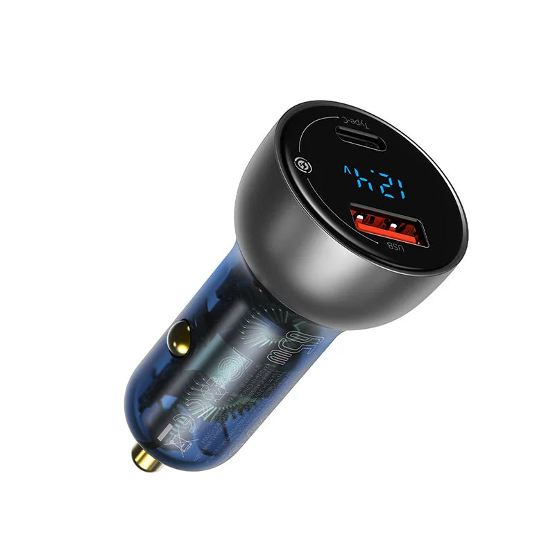 Baseus 65W PPS Car Charger USB Type C Dual Port PD QC Fast Charging For Laptop Translucent Car Phone Charger For iPhone Light Tarnish
