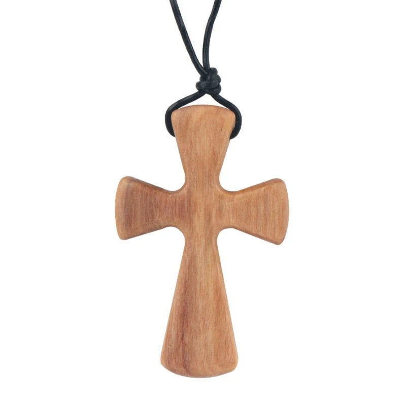 Olive Wood Pendant Long Adjustable Black Leather Rope Necklace Cross-shape Pendant Christian Gifts for Men and Women A