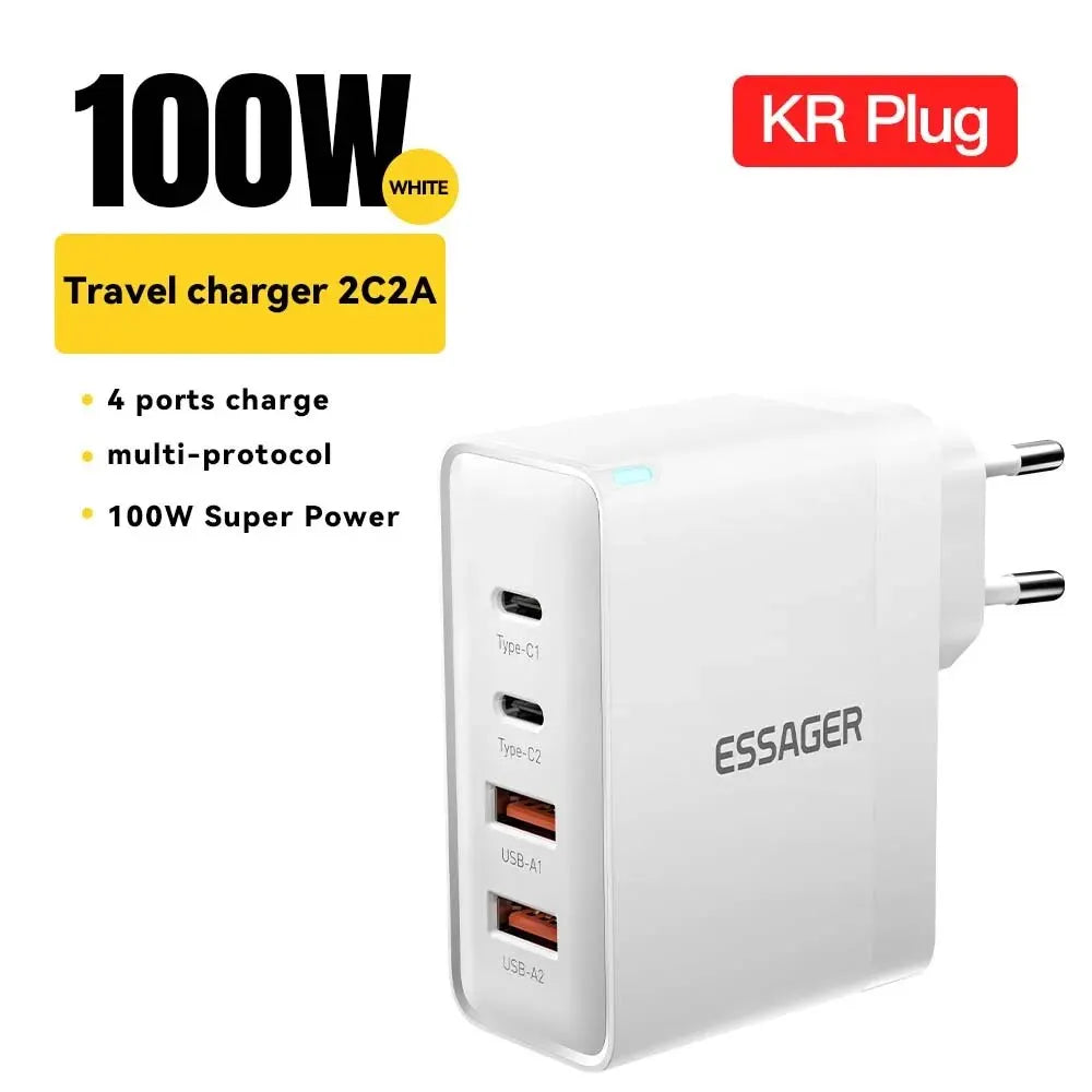 Essager 100W GaN USB Type C Caricabatterie PD QC Quick Charge 4.0 3.0 Type C Ricarica Rapida Per iPhone 14 13 12 Xiaomi Macbook KR White