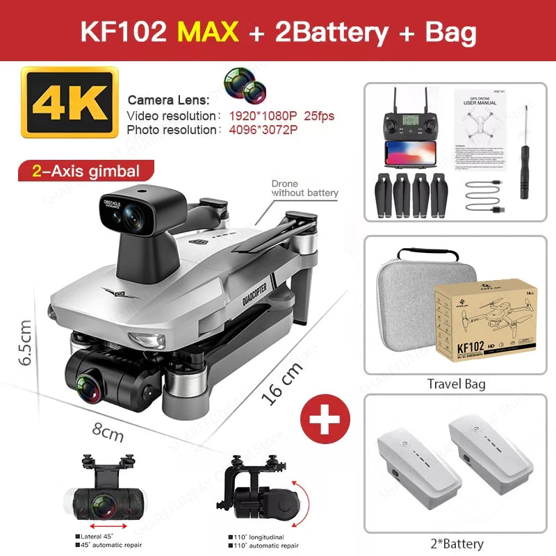 New KF102 MAX Drone 4K Brushless With Professional HD Camera 2-Axis GPS Fpv RC Quadcopter Helicopters Drones Toys For Boys KF102 MAX 2B Bag CHINA