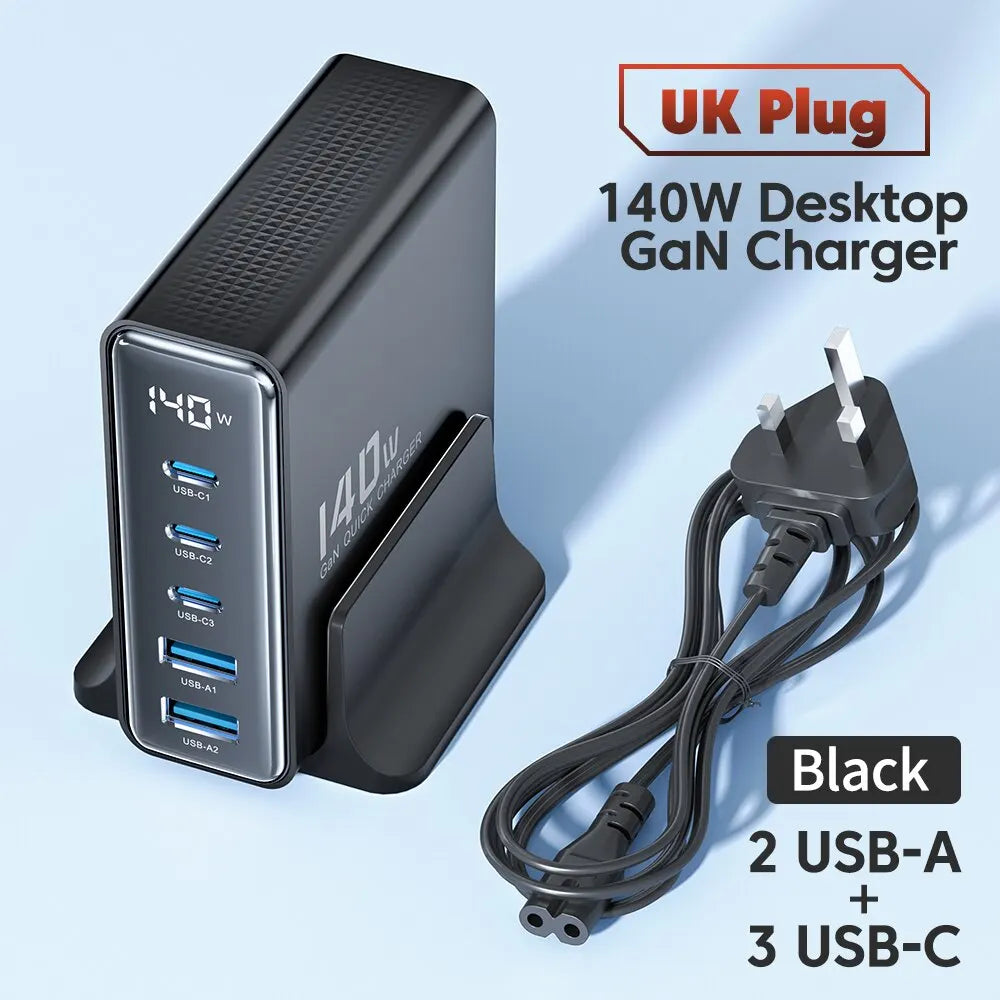 Toocki 140W GaN USB Charger 5in1 Desktop Fast Charge USB Type C Charger LED Display Charger For iPhone Xiaomi Smartphone Laptop UK Black
