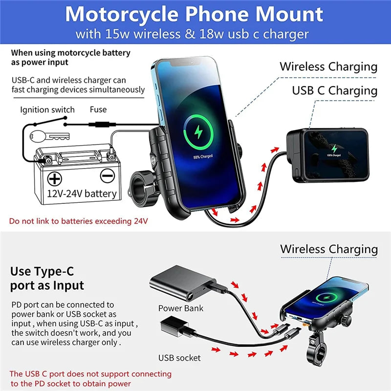 Motorcycle Phone Holder Wireless Charger Moto Motorbike Mirror Mobile Stand Support USB Fast Charging Cellphone Handlebar Mount