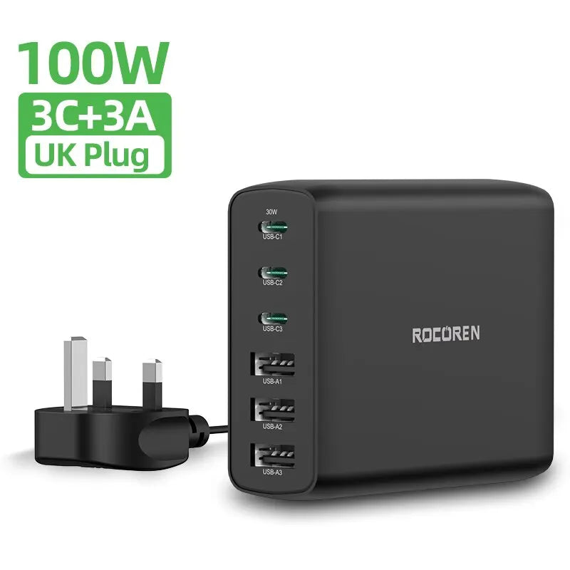 Rocoren 100W USB Charger Type C PD Fast Charging Multiple 6 Ports Desktop Charger Station For iPhone 14 13 Pro Xiaomi POCO UK Plug