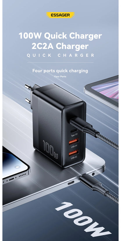 Essager 100W GaN USB Type C Caricabatterie PD QC Quick Charge 4.0 3.0 Type C Ricarica Rapida Per iPhone 14 13 12 Xiaomi Macbook