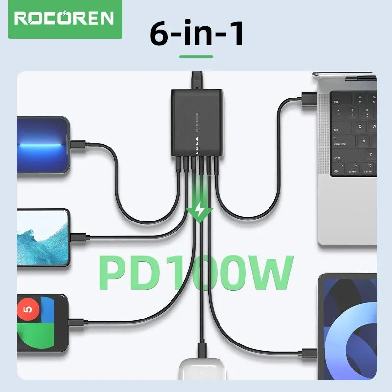 Rocoren 100W USB Charger Type C PD Fast Charging Multiple 6 Ports Desktop Charger Station For iPhone 14 13 Pro Xiaomi POCO