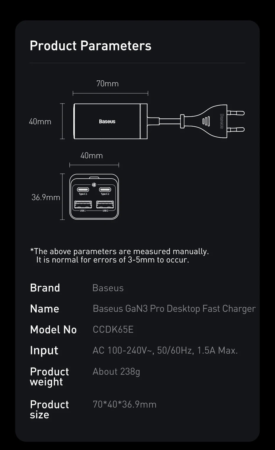Baseus 65W GaN Charger Desktop Fast Charger 4 in 1 Laptop Phone Charger Adapter For iPhone 15 14 13 Pro Max Xiaomi Samsung