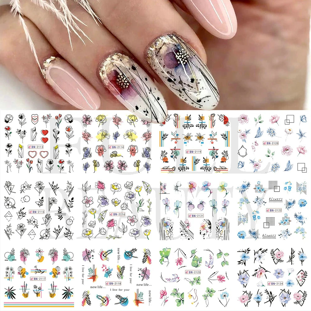 12pcs Valentines Manicure Love Letter Flower Sliders for Nails Inscriptions Nail Art Decoration Water Sticker Tips GLBN1489-1500 BN2113-2124