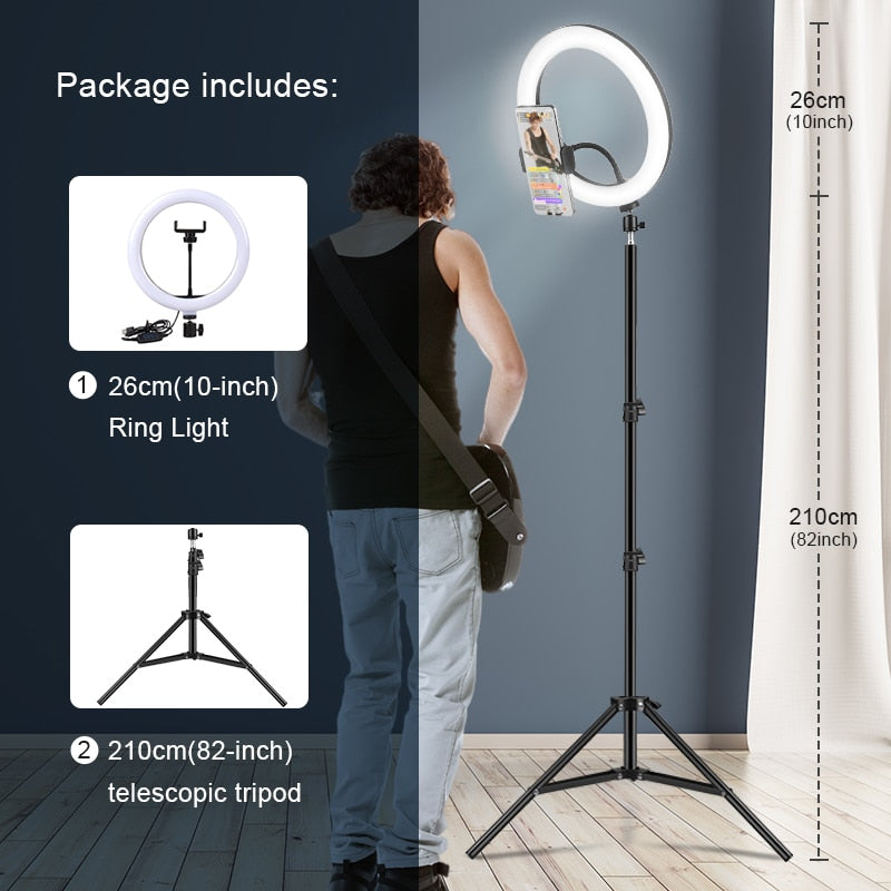 Selfie Ring Light Photography Led Rim Of Lamp with Optional Mobile Holder Mounting Tripod Stand Ringlight For Live Video Stream China 26cm light 200tripod