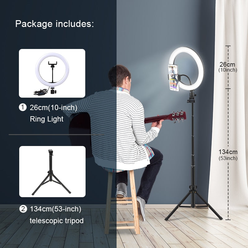 Selfie Ring Light Photography Led Rim Of Lamp with Optional Mobile Holder Mounting Tripod Stand Ringlight For Live Video Stream China 26cm light 134tripod