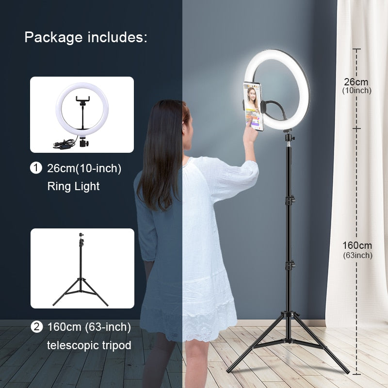 Selfie Ring Light Photography Led Rim Of Lamp with Optional Mobile Holder Mounting Tripod Stand Ringlight For Live Video Stream China 26cm light 160tripod