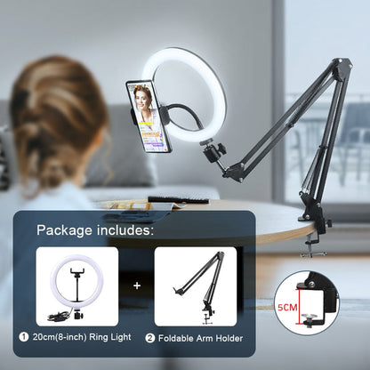 Selfie Ring Light Photography Led Rim Of Lamp with Optional Mobile Holder Mounting Tripod Stand Ringlight For Live Video Stream China 20cm light arm stand