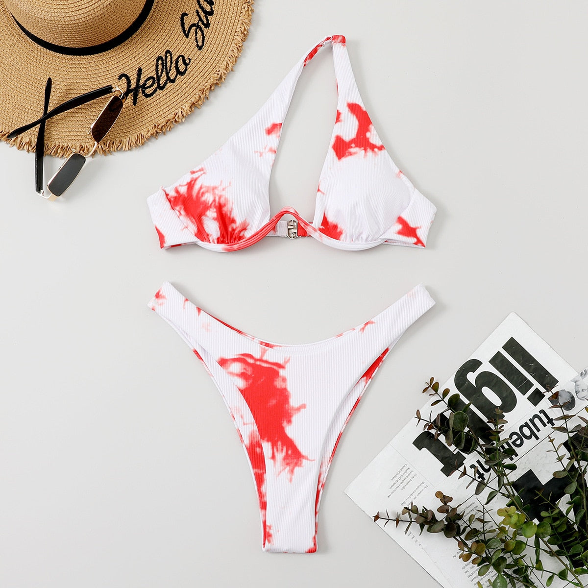 Sexy Bikinis Swimsuits Cut Out Women's Swimwear 2023 One Shoulder Biquini High Cut Bathing Suits Push Up Beach Bikini Set Tie Dye Red