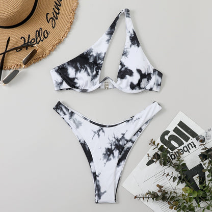 Sexy Bikinis Swimsuits Cut Out Women's Swimwear 2023 One Shoulder Biquini High Cut Bathing Suits Push Up Beach Bikini Set Tie Dye Black