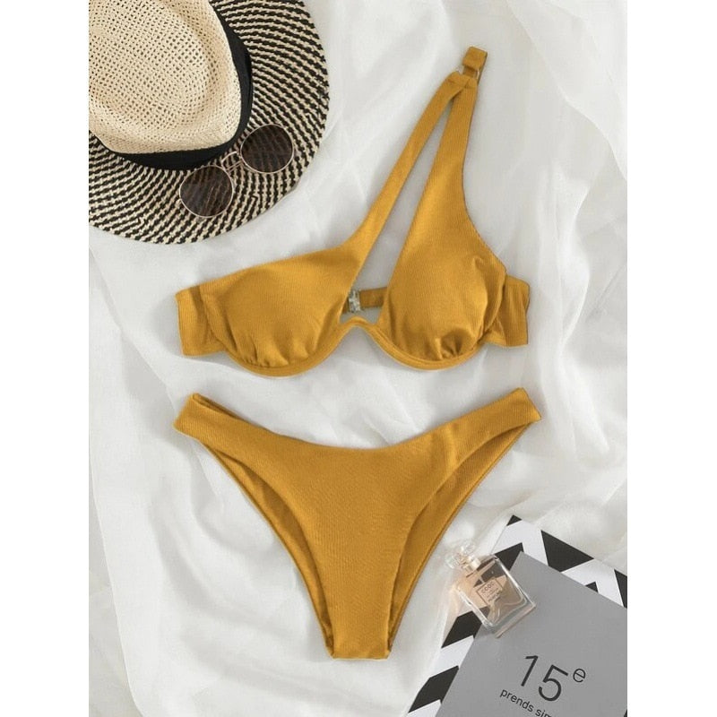 Sexy Bikinis Swimsuits Cut Out Women's Swimwear 2023 One Shoulder Biquini High Cut Bathing Suits Push Up Beach Bikini Set Yellow