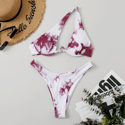 Sexy Bikinis Swimsuits Cut Out Women's Swimwear 2023 One Shoulder Biquini High Cut Bathing Suits Push Up Beach Bikini Set Tie Dye Wine