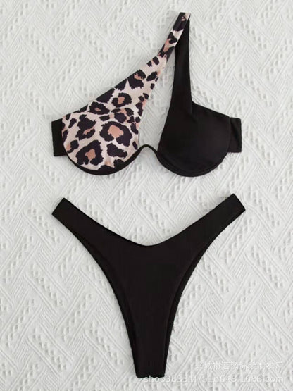 Sexy Bikinis Swimsuits Cut Out Women's Swimwear 2023 One Shoulder Biquini High Cut Bathing Suits Push Up Beach Bikini Set Leopard Black