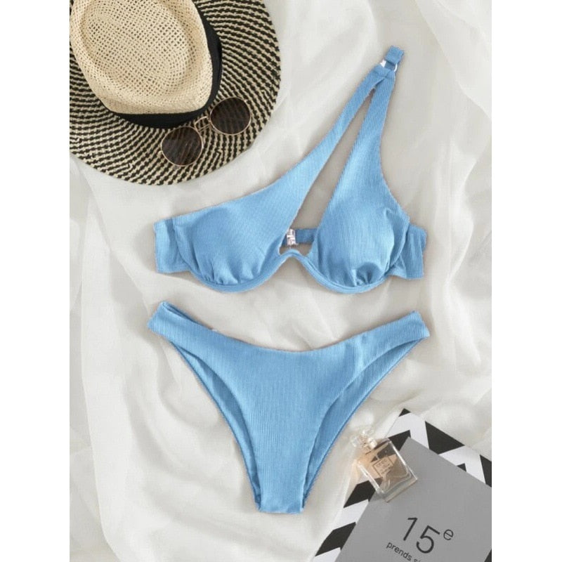 Sexy Bikinis Swimsuits Cut Out Women's Swimwear 2023 One Shoulder Biquini High Cut Bathing Suits Push Up Beach Bikini Set Light Blue