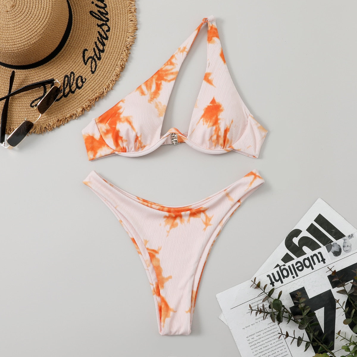 Sexy Bikinis Swimsuits Cut Out Women's Swimwear 2023 One Shoulder Biquini High Cut Bathing Suits Push Up Beach Bikini Set Tie Dye Orange