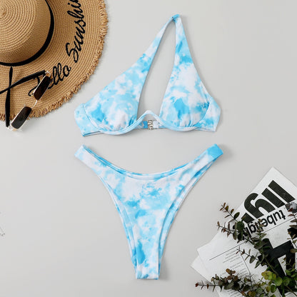 Sexy Bikinis Swimsuits Cut Out Women's Swimwear 2023 One Shoulder Biquini High Cut Bathing Suits Push Up Beach Bikini Set Tie Dye Blue