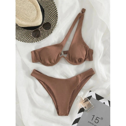 Sexy Bikinis Swimsuits Cut Out Women's Swimwear 2023 One Shoulder Biquini High Cut Bathing Suits Push Up Beach Bikini Set Light Coffee