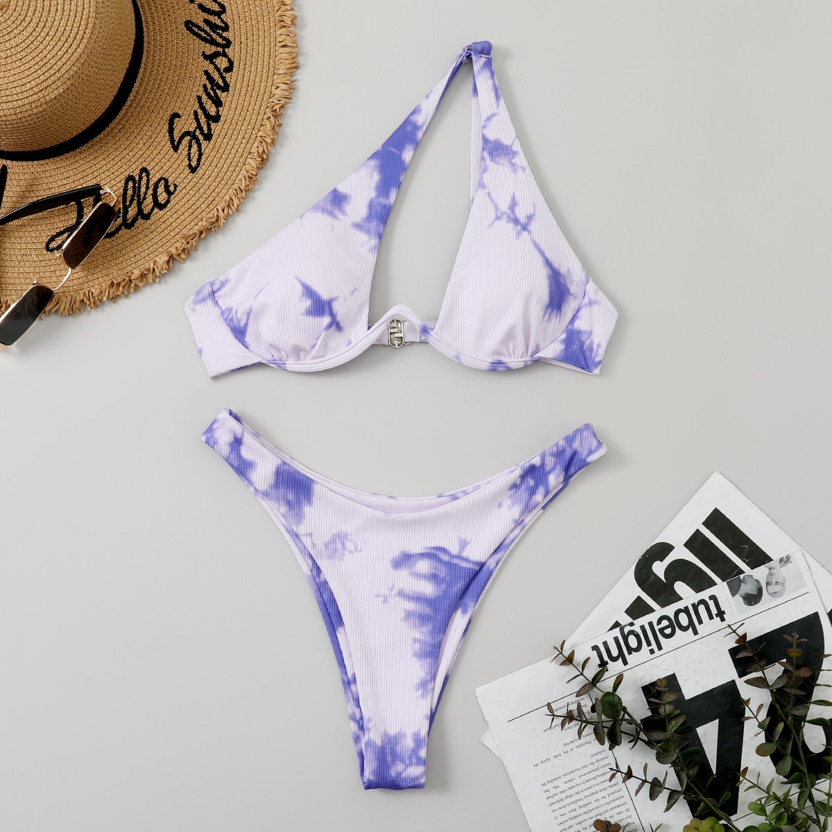 Sexy Bikinis Swimsuits Cut Out Women's Swimwear 2023 One Shoulder Biquini High Cut Bathing Suits Push Up Beach Bikini Set Tie Dye Purple