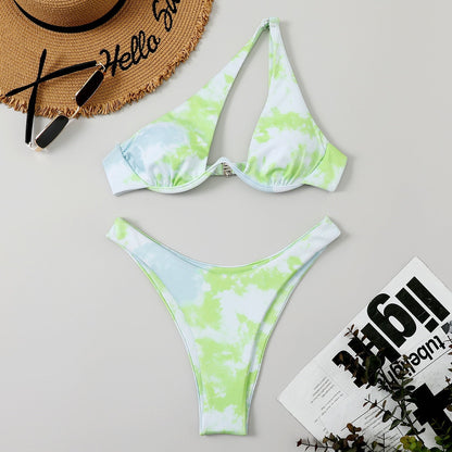 Sexy Bikinis Swimsuits Cut Out Women's Swimwear 2023 One Shoulder Biquini High Cut Bathing Suits Push Up Beach Bikini Set Tie Dye Light Green