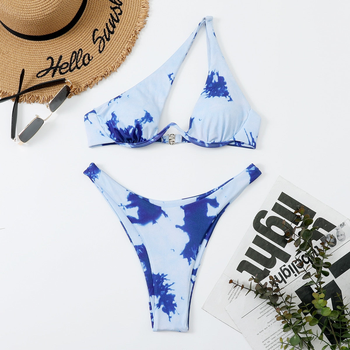 Sexy Bikinis Swimsuits Cut Out Women's Swimwear 2023 One Shoulder Biquini High Cut Bathing Suits Push Up Beach Bikini Set Tie Dye Blue