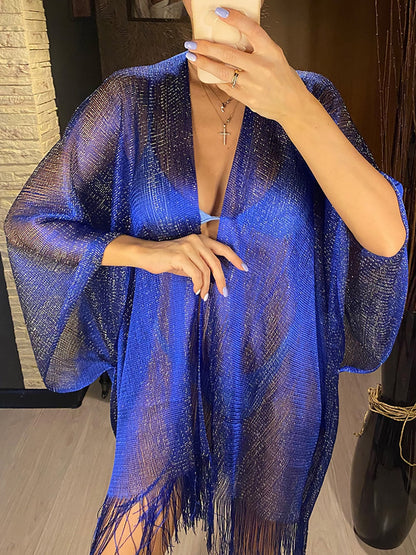 Sexy Fringe Tassel Mesh Sheer Shiny Knitted Tunic Beach Cover Up Cover-ups Beach Dress Beach Wear Beachwear Female Women Blue One Size