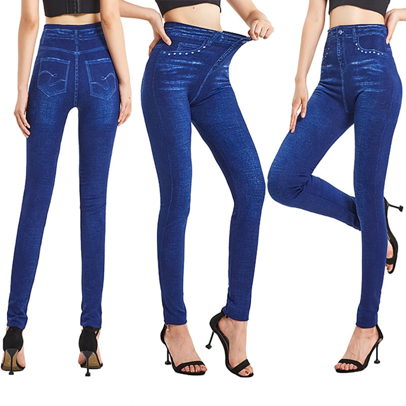 Sexy Leggins Push Up Faux Denim Trousers Elastic High Waist Women Leggings Sports Pants Workout Running Fitness Gym PD455 Blue