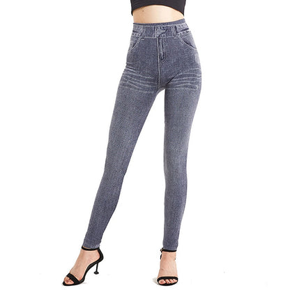 Sexy Leggins Push Up Faux Denim Trousers Elastic High Waist Women Leggings Sports Pants Workout Running Fitness Gym PD444 Light grey