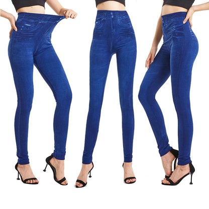 Sexy Leggins Push Up Faux Denim Trousers Elastic High Waist Women Leggings Sports Pants Workout Running Fitness Gym PD447 Blue