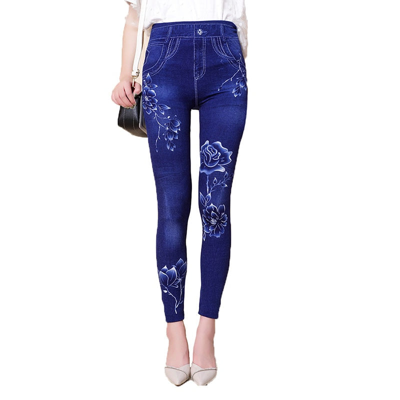 Sexy Leggins Push Up Faux Denim Trousers Elastic High Waist Women Leggings Sports Pants Workout Running Fitness Gym PD442 Blue