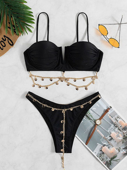 Sexy Luxury Bikini 2023 Women Crystal Rhinestones Push Up Micro Swimsuit Metal Chain Diamond High Cut Thong Swimwear