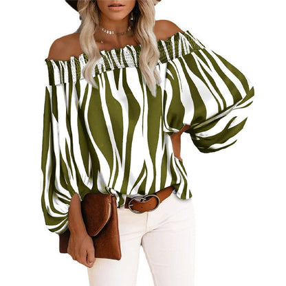 Sexy Off Shoulder Stripe Print Chiffon Shirt Women Fashion One Neck Lantern Long Sleeve Pullover Tops Street Vintage Lady Blouse Green