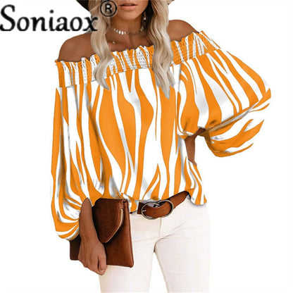 Sexy Off Shoulder Stripe Print Chiffon Shirt Women Fashion One Neck Lantern Long Sleeve Pullover Tops Street Vintage Lady Blouse Yellow