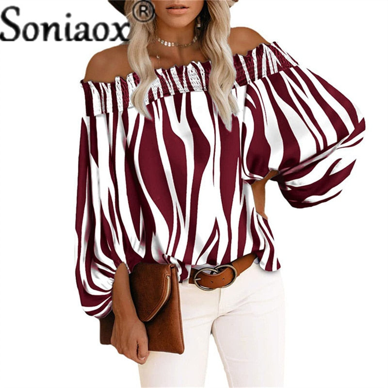 Sexy Off Shoulder Stripe Print Chiffon Shirt Women Fashion One Neck Lantern Long Sleeve Pullover Tops Street Vintage Lady Blouse Claret