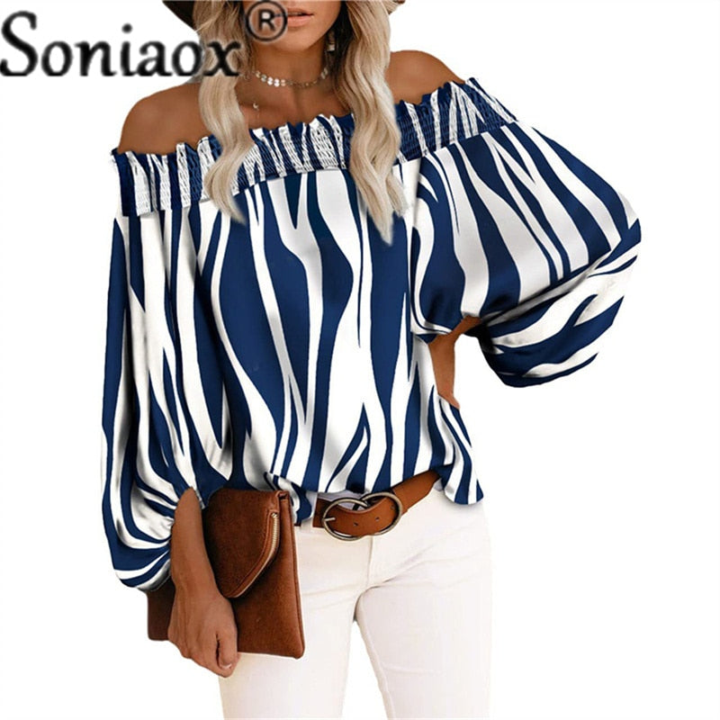 Sexy Off Shoulder Stripe Print Chiffon Shirt Women Fashion One Neck Lantern Long Sleeve Pullover Tops Street Vintage Lady Blouse Blue