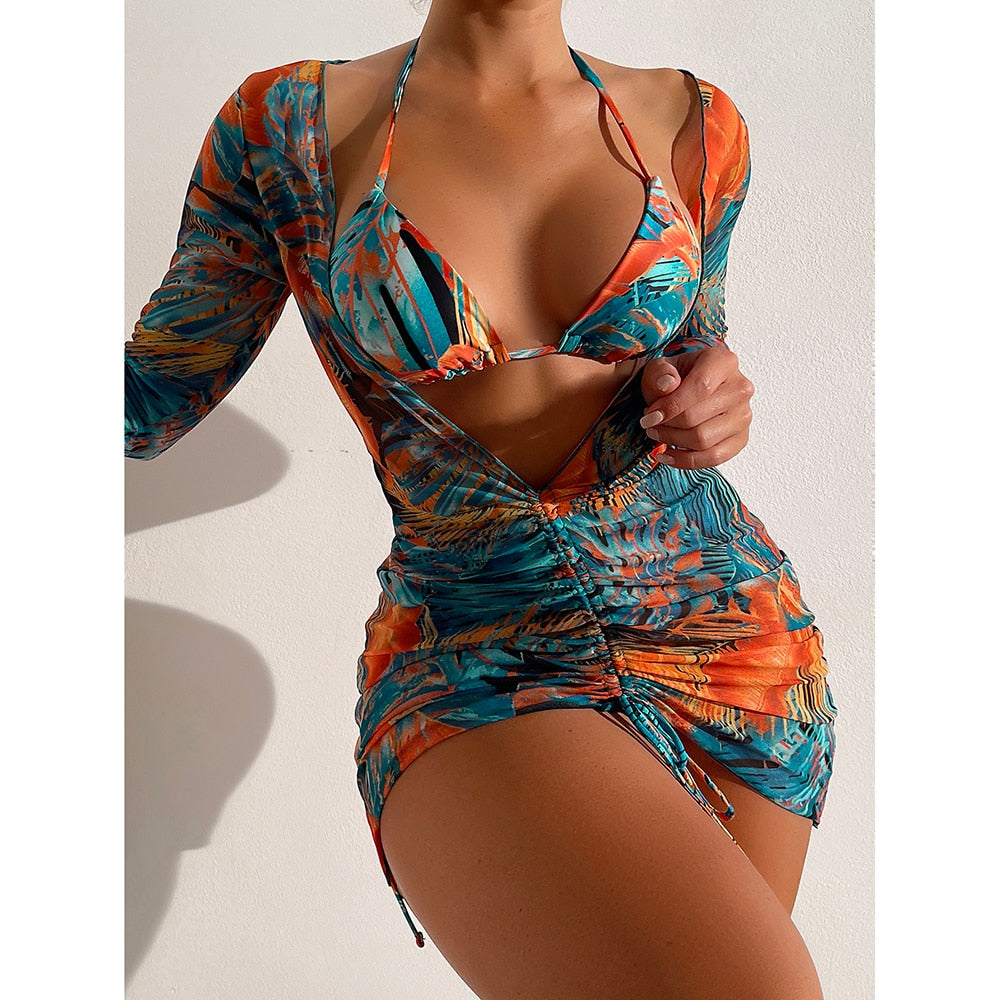 Sexy Print Halter Triangle Bikini Swimsuit for Women 2023 Swimwear Cover Up Beach Wear Bikinis Set 3 Pieces Woman Bathing Suit 1