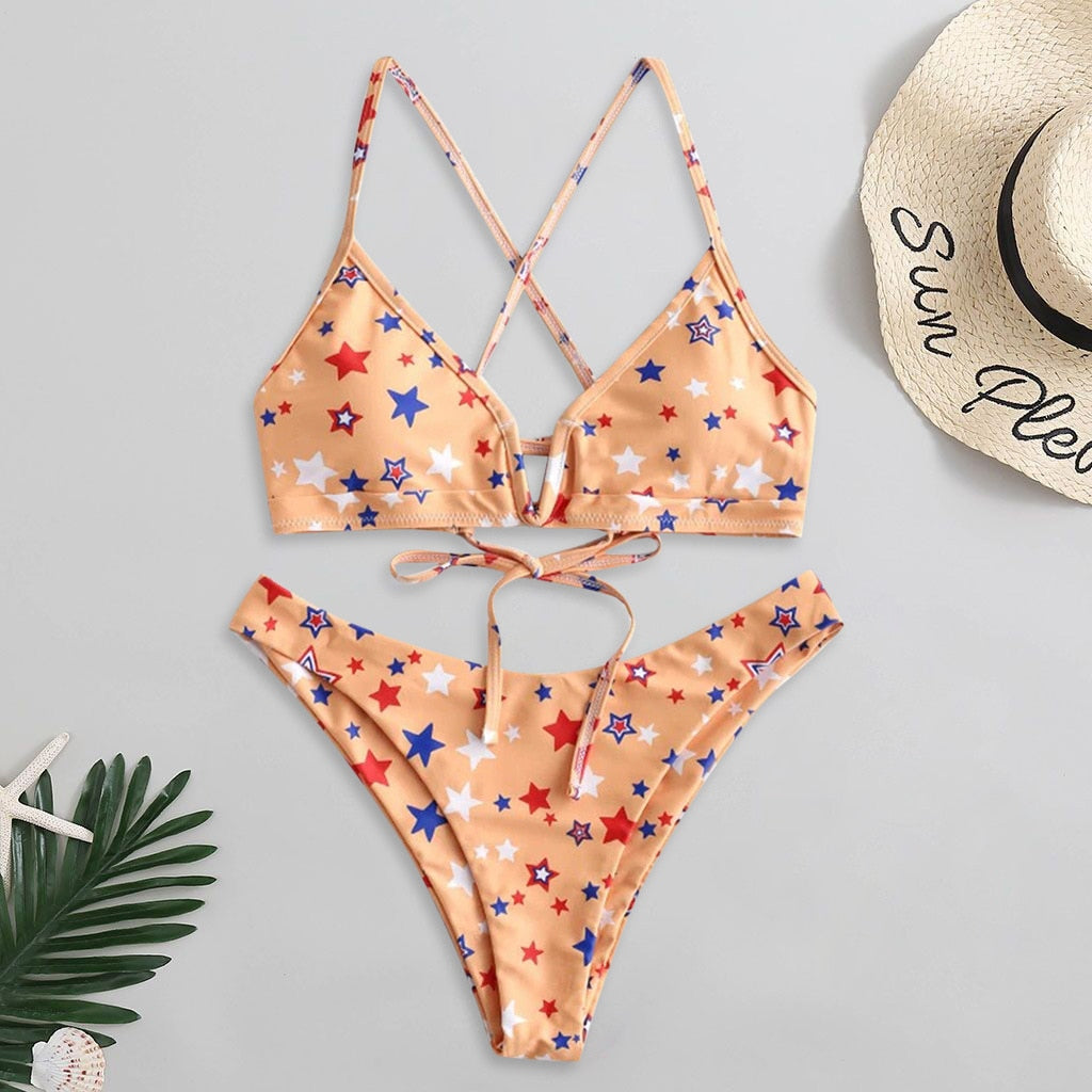 Sexy Push Up Bikinis Set Swimwear Women Swimsuits Bathing Suit Women Halter biquini Star Printed Beach Wear Bikini Orange