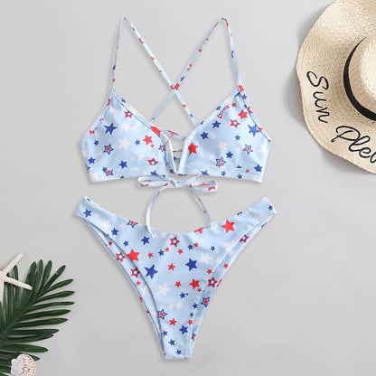 Sexy Push Up Bikinis Set Swimwear Women Swimsuits Bathing Suit Women Halter biquini Star Printed Beach Wear Bikini Blue