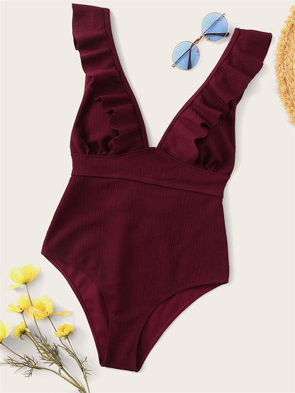 Sexy Solid One Piece Swimsuit 2023 Women Push Up Lace Up Bandage Bodysuit Brazilian Deep V Neck Backless Bathing Suit Swimwear Wine