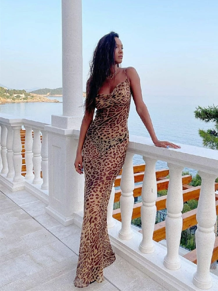 Sexy Spaghetti Strap Leopard Long Sundress Beach Dress Summer Clothing For Women Beach Wear Swim Suit Cover Up