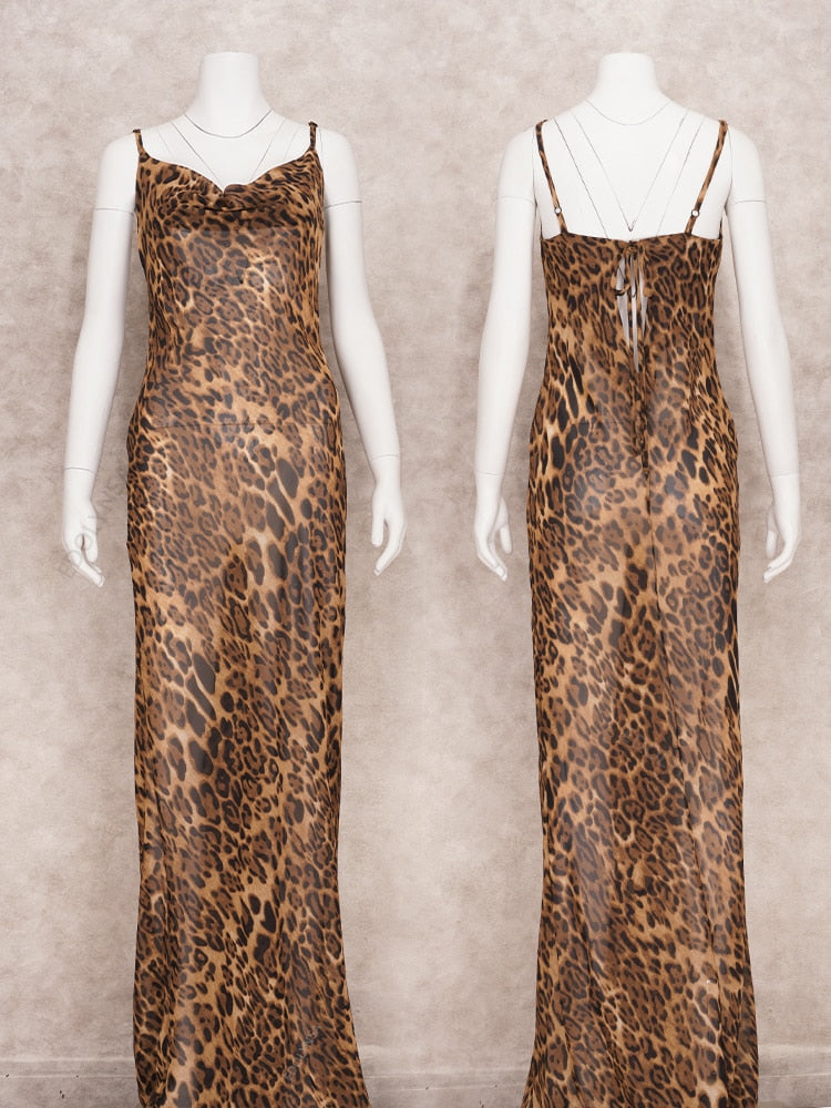 Sexy Spaghetti Strap Leopard Long Sundress Beach Dress Summer Clothing For Women Beach Wear Swim Suit Cover Up