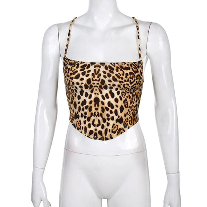 Sexy Tanks Crop Top Women Leopard Backless Bandage Lace-up Summer Sling Open Back Camisoles Vest fashion streetwear Default Title