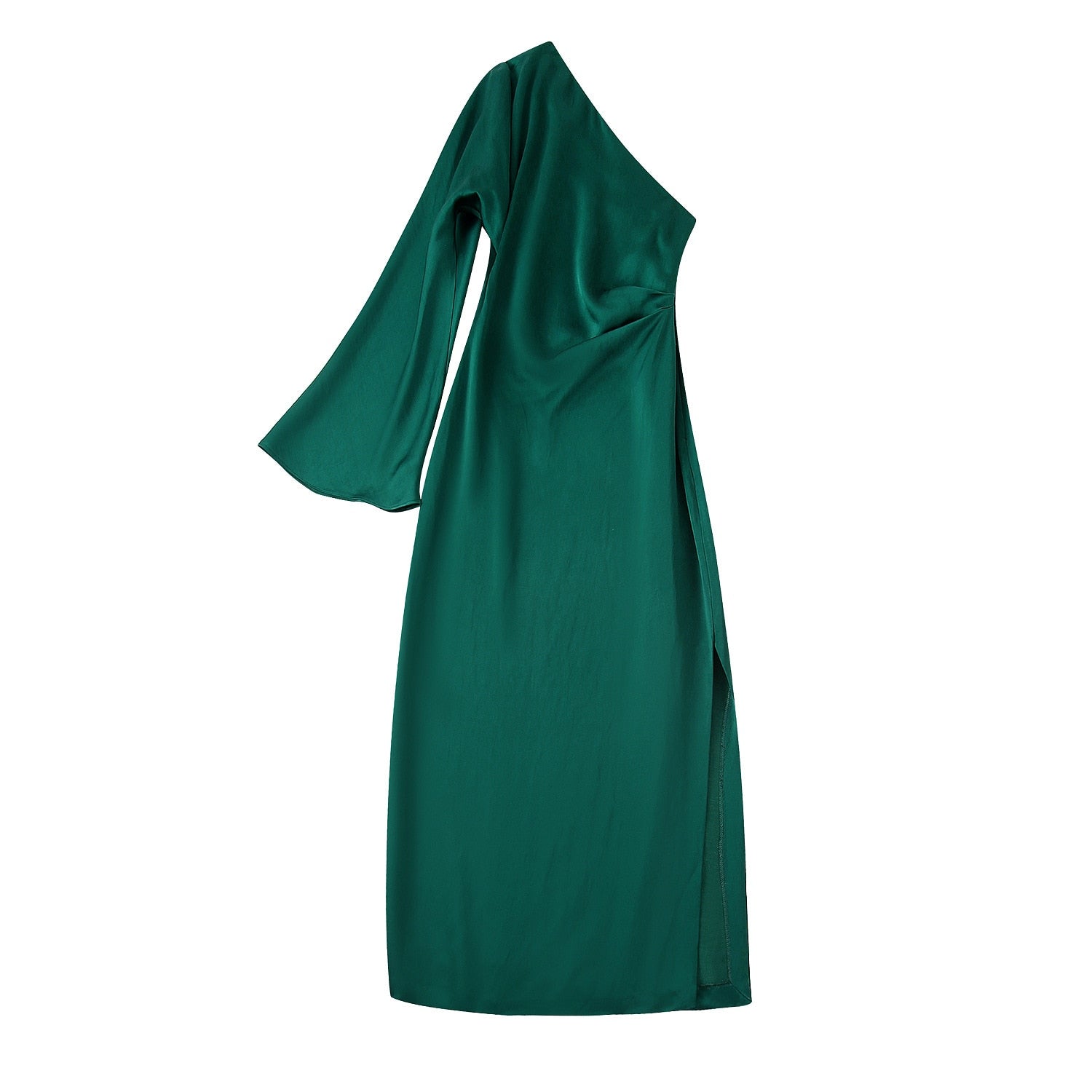 Sexy Women One Shoulder Long Sleeve Dresses Elegant Backless Split Side Slit Bodycon Dress Fashion Pleated Ladies Robe Green