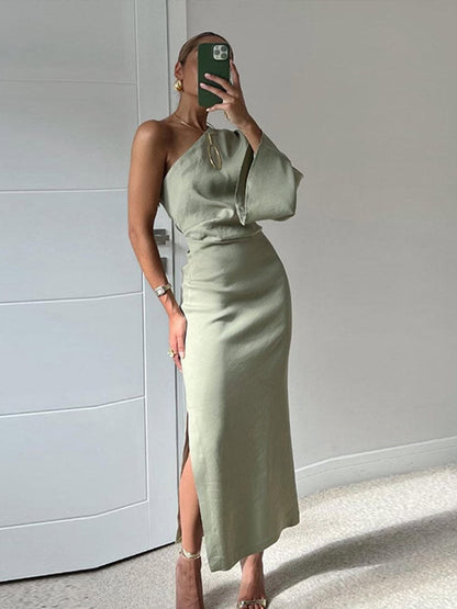 Sexy Women One Shoulder Long Sleeve Dresses Elegant Backless Split Side Slit Bodycon Dress Fashion Pleated Ladies Robe